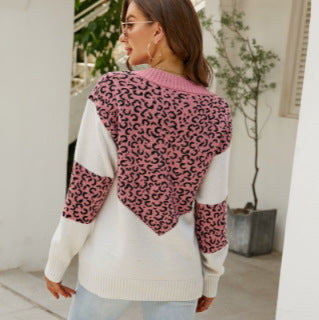 Damen Modischer Pullover mit einzigartigem Leopardenmuster und V-Ausschnitt R&B