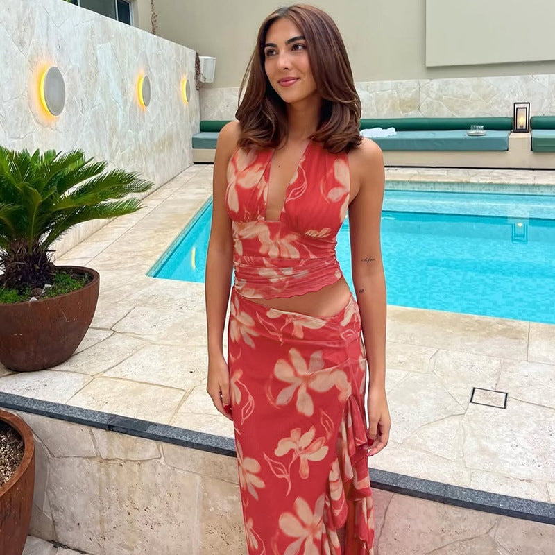 Damen Elegantes Maxikleid mit offenem Rücken und floralen Akzenten R&B