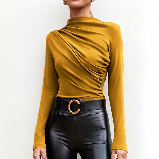 Damen elegantes Langarmshirt mit luxuriösem Drapierungsdesign und schickem Stehkragen R&B