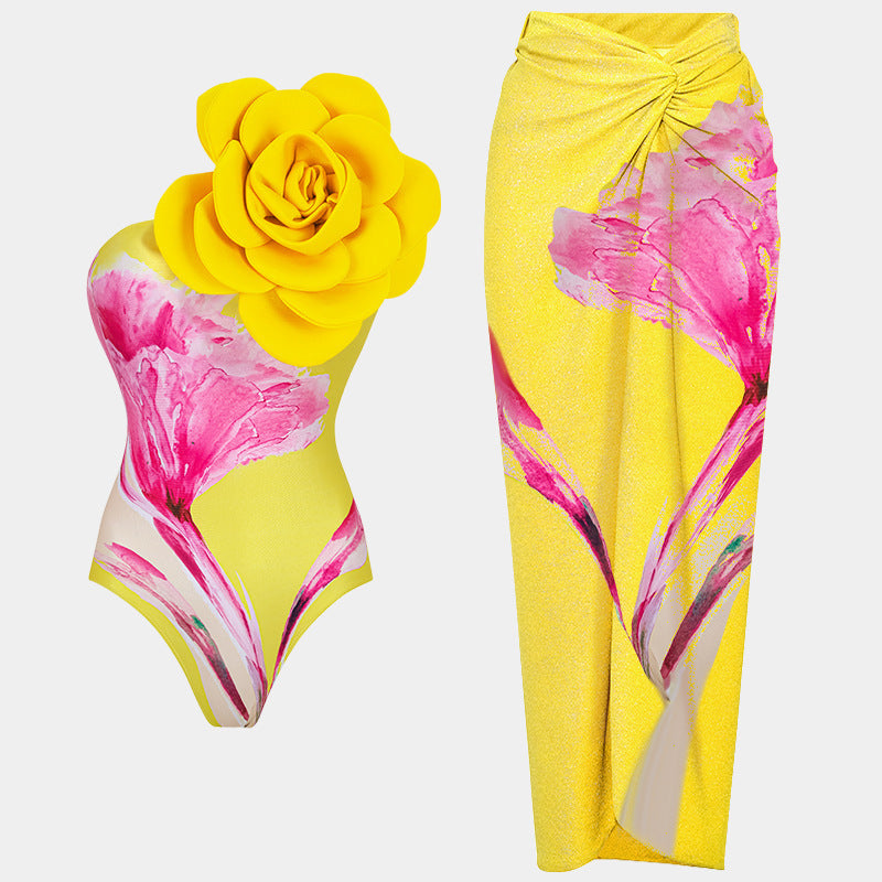 Damen Einteiler Badeanzug mit floralem Design und elegantem Wickelrock R&B