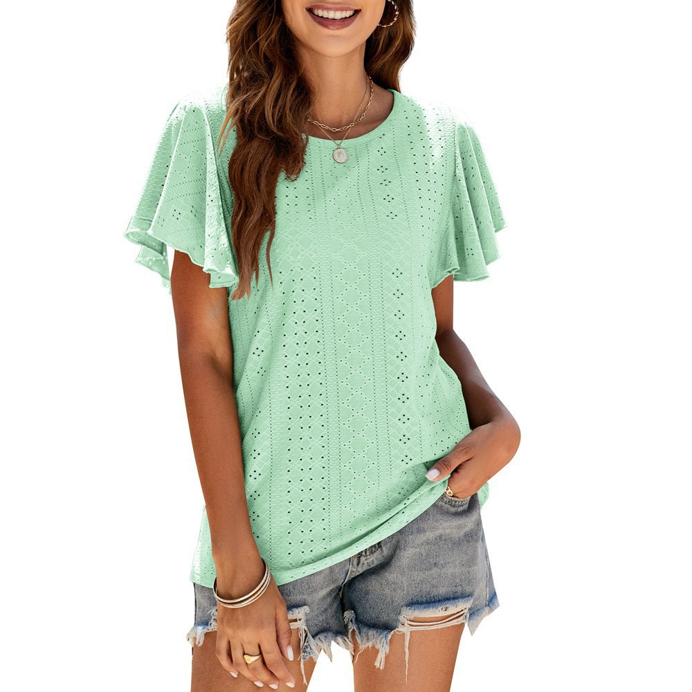 Damen T-Shirt mit eleganten Volantärmeln und durchbrochenem Design R&B
