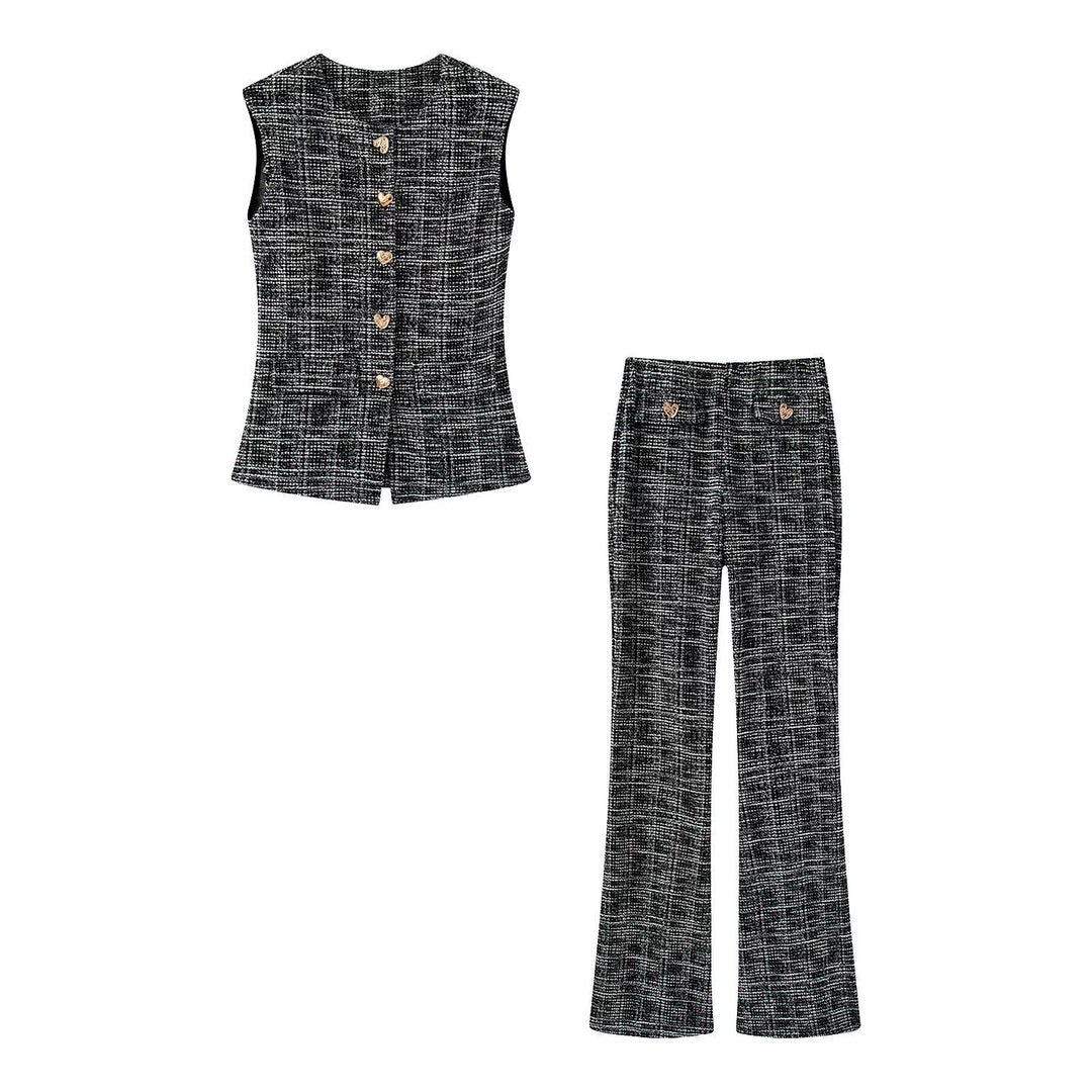 Damen elegante Karohose mit schmalem Schnitt und dekorativen Knöpfen R&B