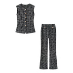 Damen elegante Karohose mit schmalem Schnitt und dekorativen Knöpfen R&B