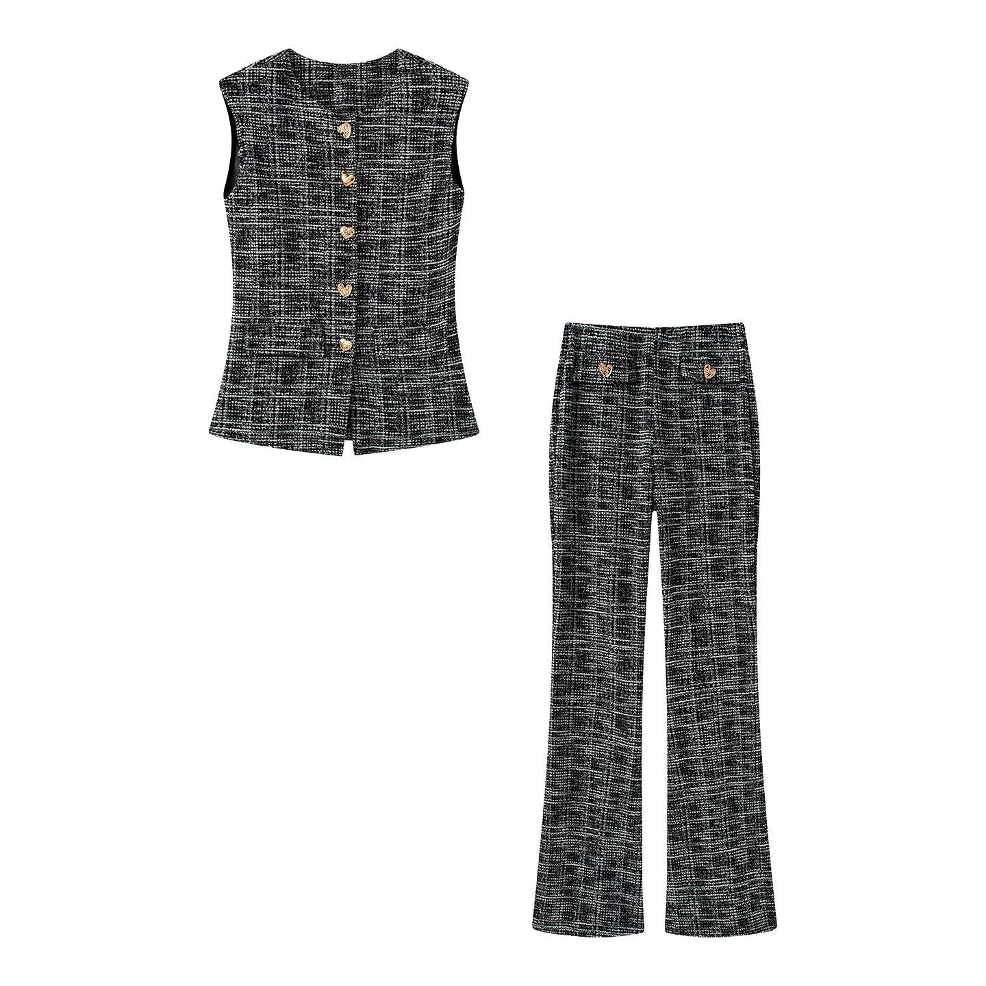 Damen elegante Karohose mit schmalem Schnitt und dekorativen Knöpfen R&B