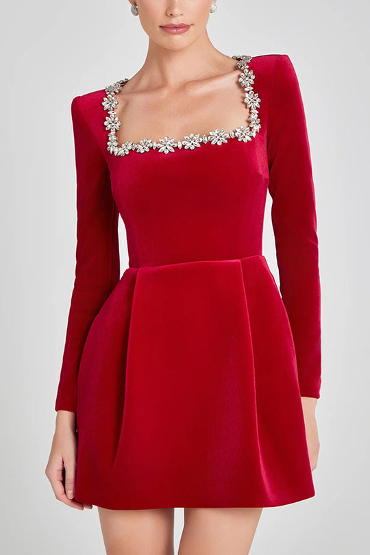 Damen Elegantes Samtkleid mit Blumenapplikationen und U-Boot-Ausschnitt R&B