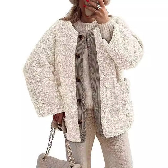 Damen kuschelige Teddyjacke mit farblich abgestimmtem Kragen R&B