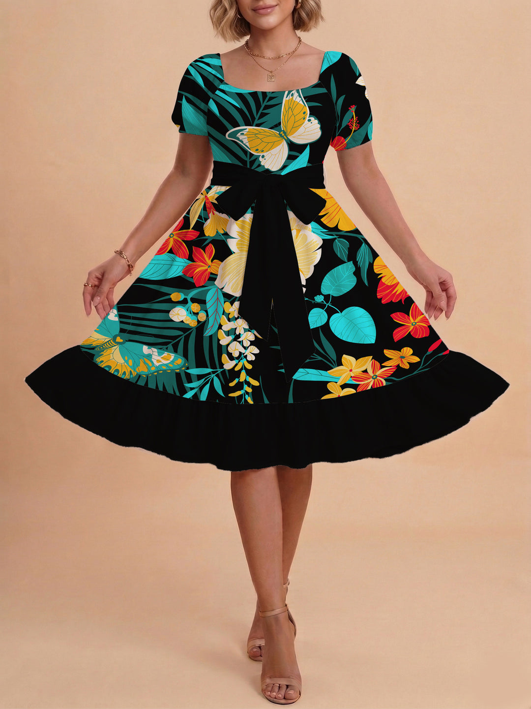 Damen modernes Blumenkleid mit elegantem Taillengürtel und asymmetrischem Saum R&B