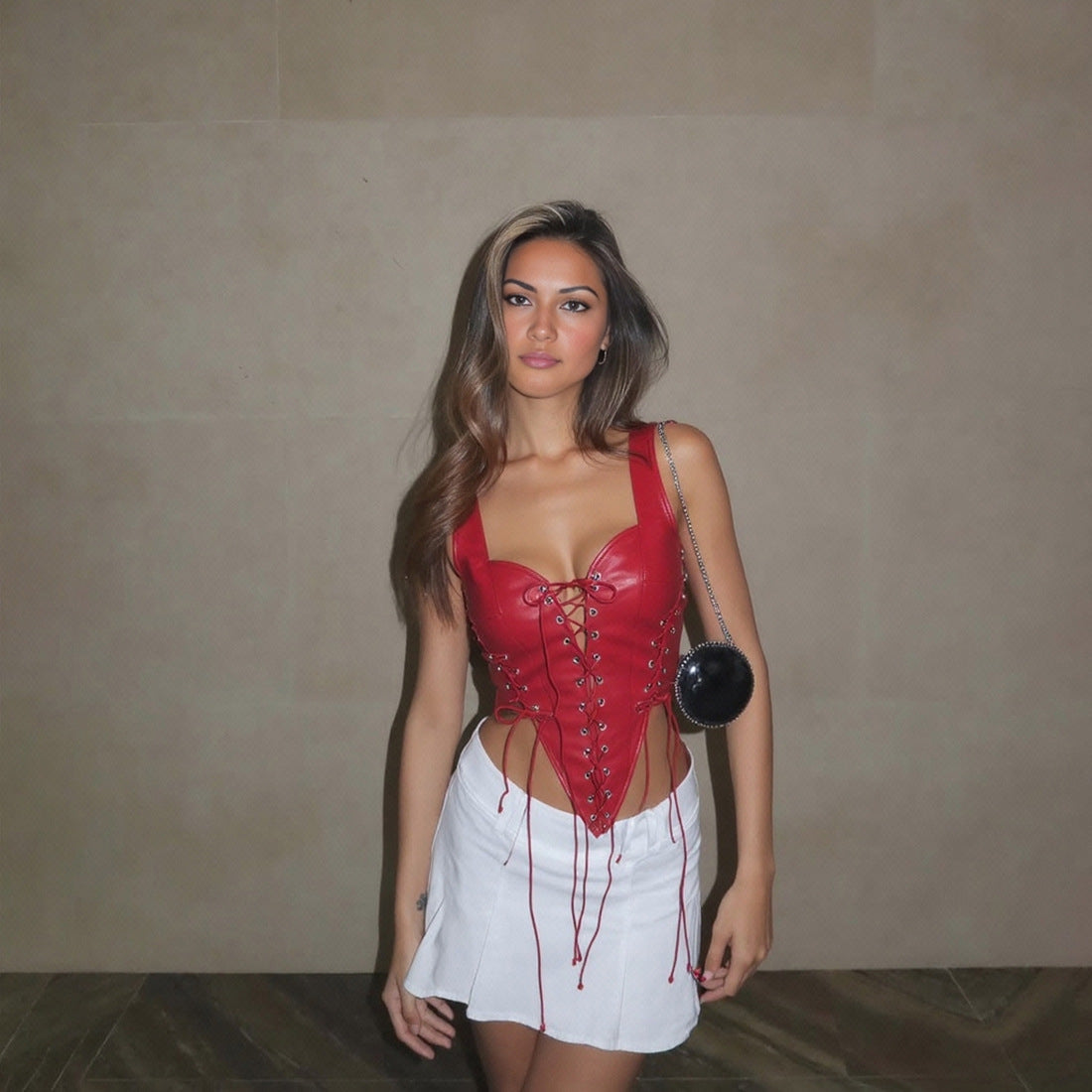 Damen Leder-Corset-Top mit Schnürung und asymmetrischem Schnitt R&B