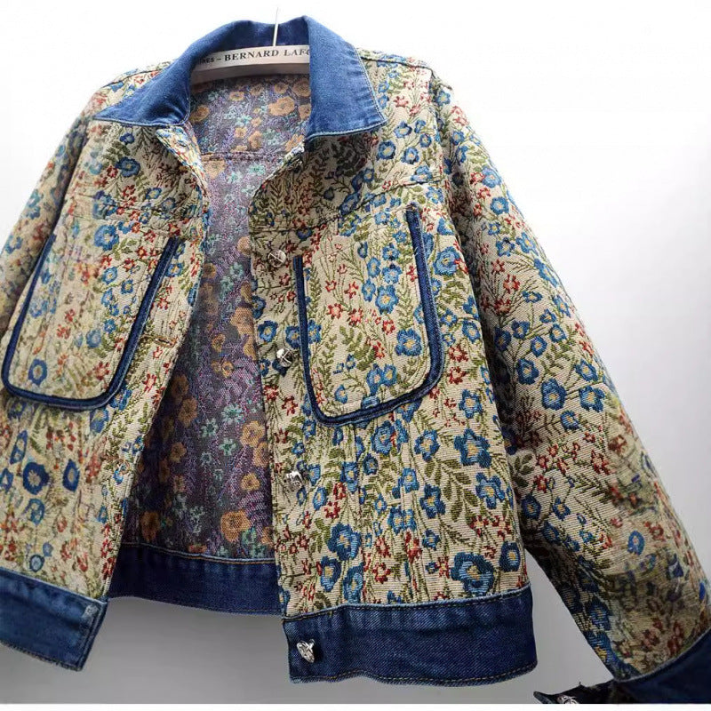 Damen Blumenmuster Denimjacke mit aufgesetzten Taschen und Kragen R&B