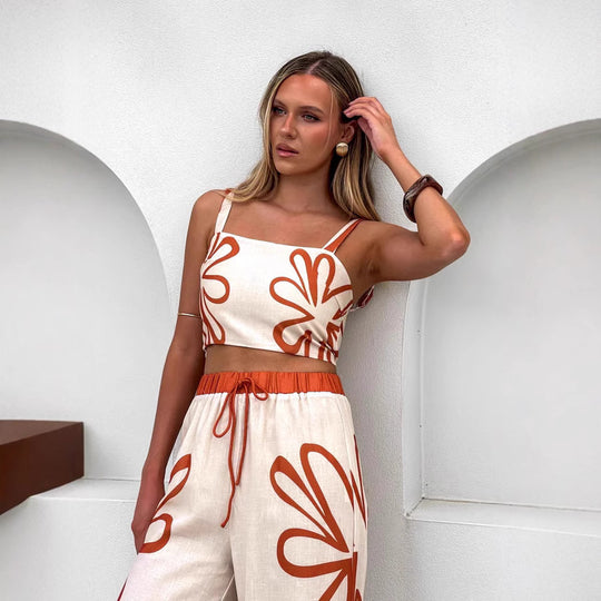 Damen Freizeitoberteil und weit geschnittene Hose mit floralem Muster R&B