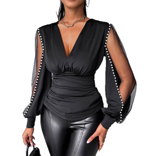 Damen Elegantes Oberteil mit transparenten Puffärmeln und Perlenverzierung R&B