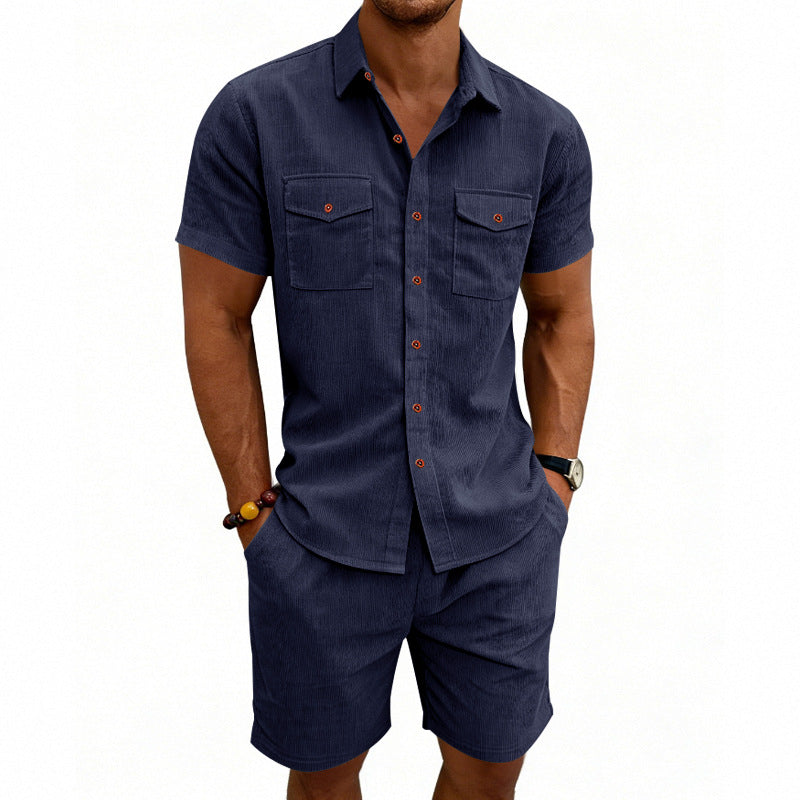 Herren nan strukturiertes Cord-Freizeitset mit Camp-Kragen-Hemd und lässigen Shorts R&B