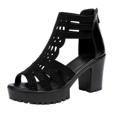 Damen modische Sandalen mit verzierten Riemen und robustem Absatz R&B