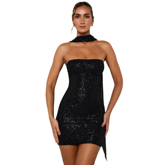 Damen Glamouröses Minikleid mit schimmernden Pailletten und elegantem Halsschmuck R&B