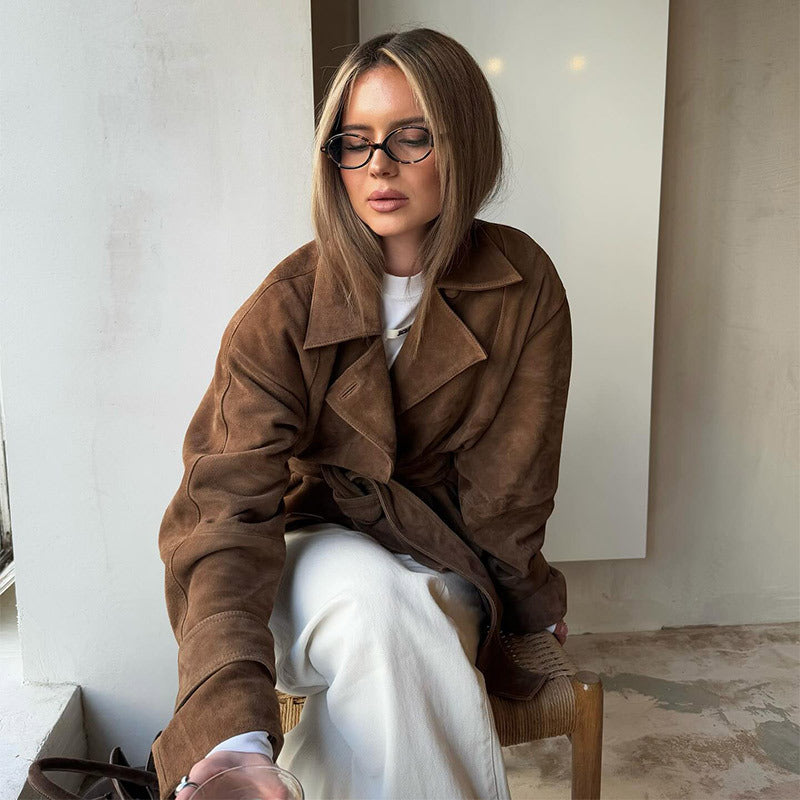 Damen Modische Wildleder-Trenchjacke mit schickem Gürtel R&B