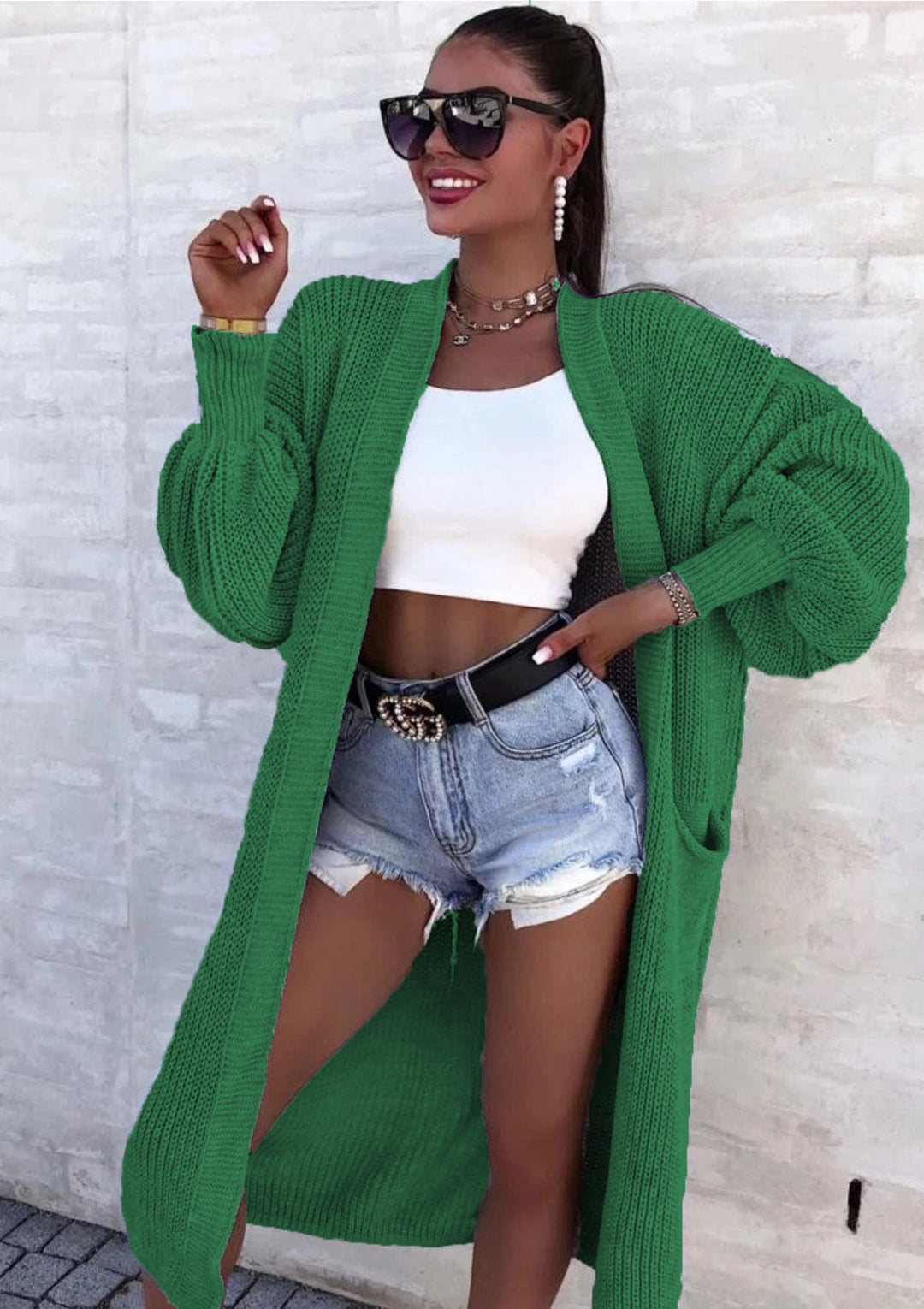 Damen Langer Strickmantel mit oversized Ärmeln und praktischen Taschen R&B