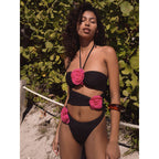 Damen Bandeau-Bikini mit floralen Applikationen und rückenfreier Gestaltung R&B