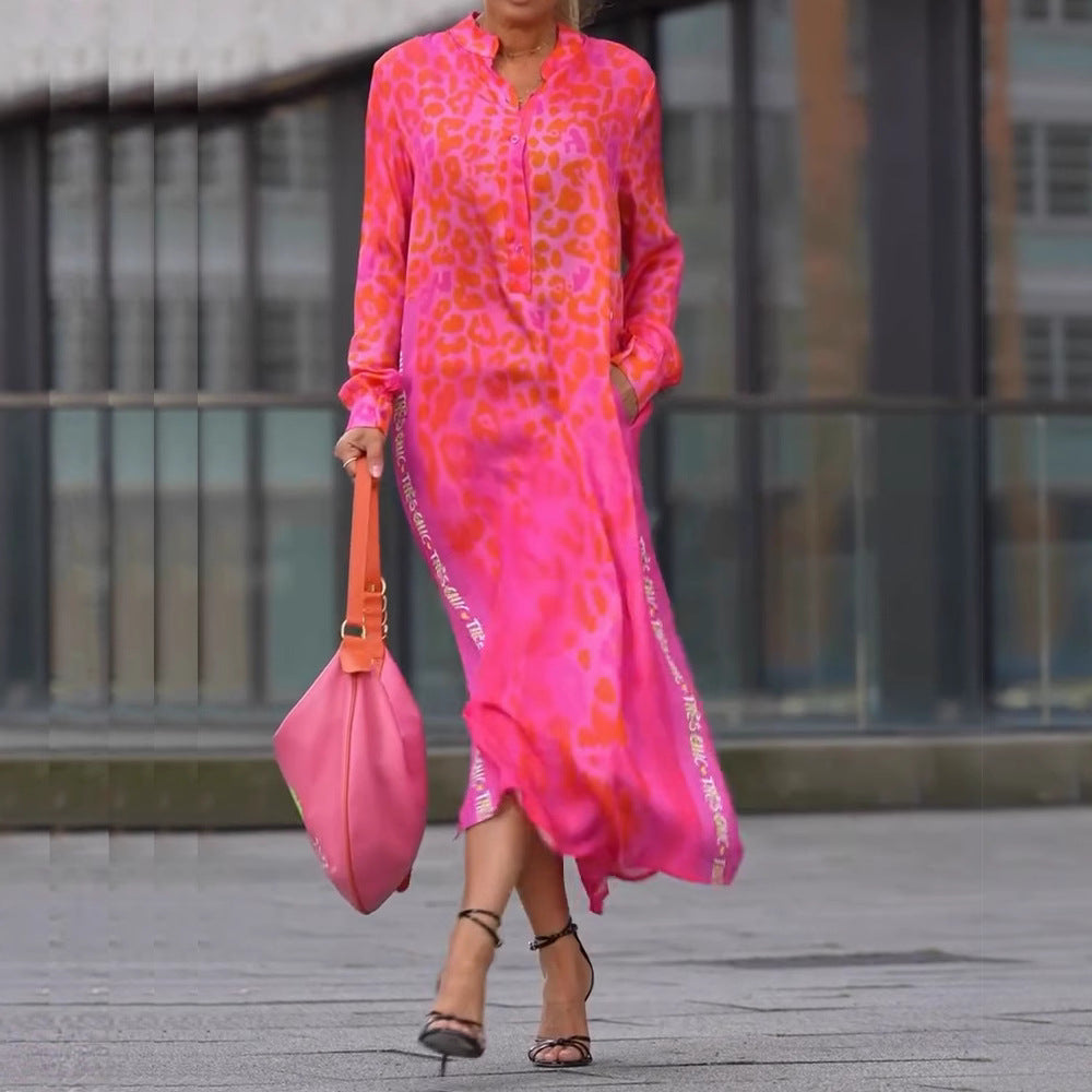 Damen Maxikleid mit lässiger Knopfleiste und animalischen Mustern Heidi-Mode