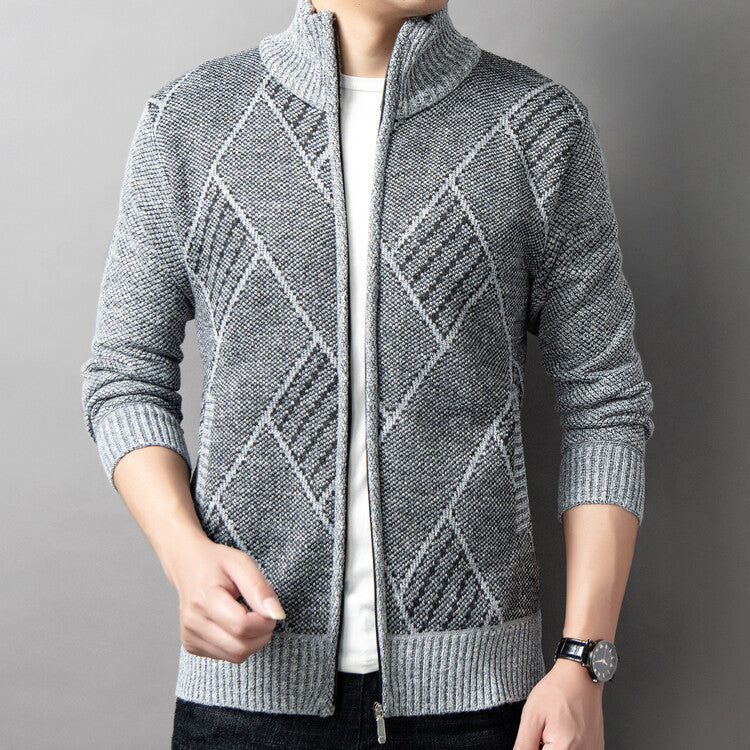 Herren Strickjacke mit modernem Zipper und grafischem Muster R&B