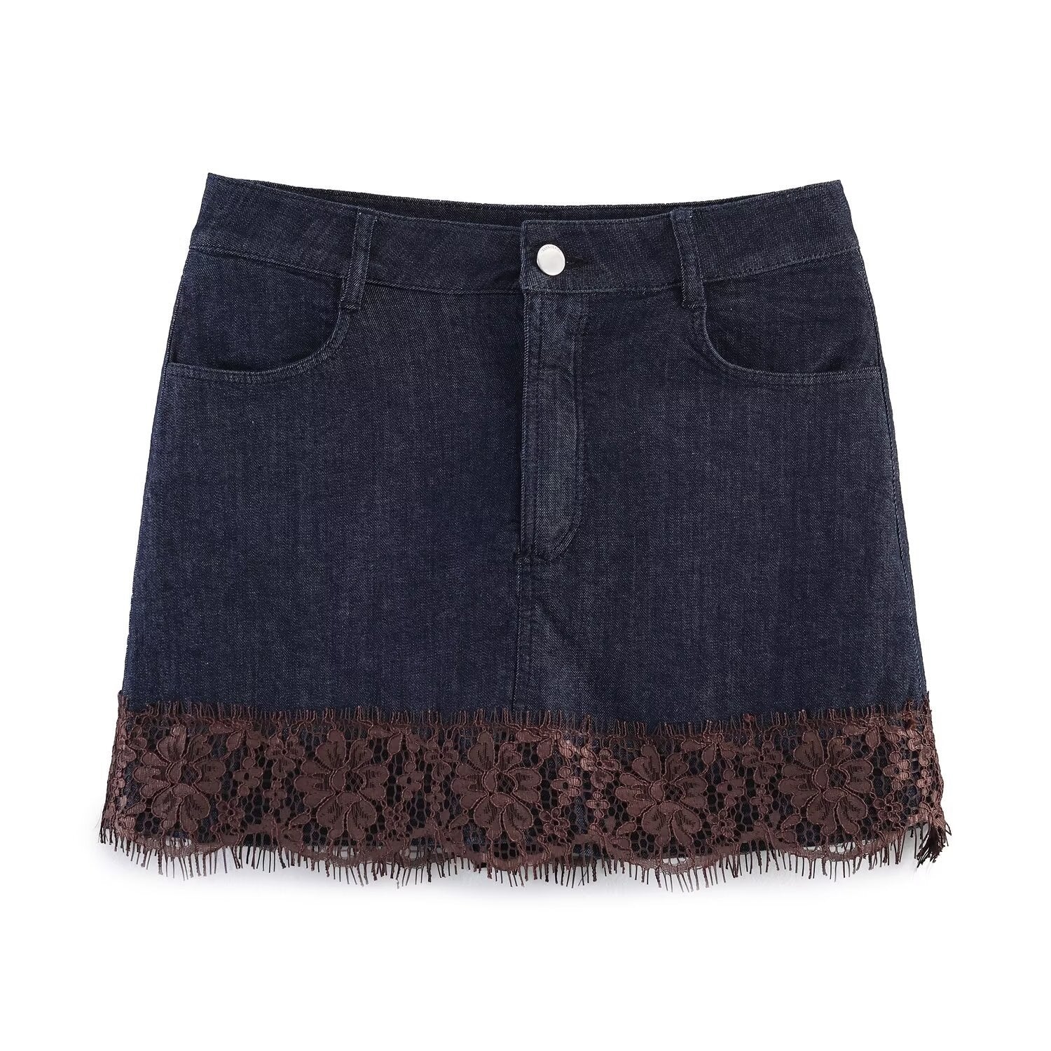 Damen Jeansrock mit exquisiter Spitze und fransigem Saum R&B