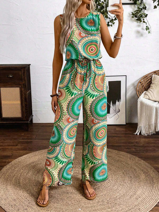 Damen Lässiger Jumpsuit mit Auffälligem Musterdetail und Elastischem Bund Heidi-Mode