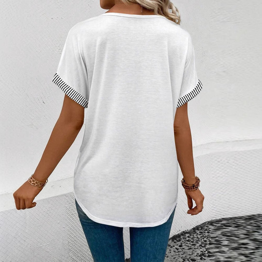 Damen nan lässiges Kurzarmshirt mit tiefem V-Ausschnitt, gestreifter Paspelierung und weiter Passform R&B