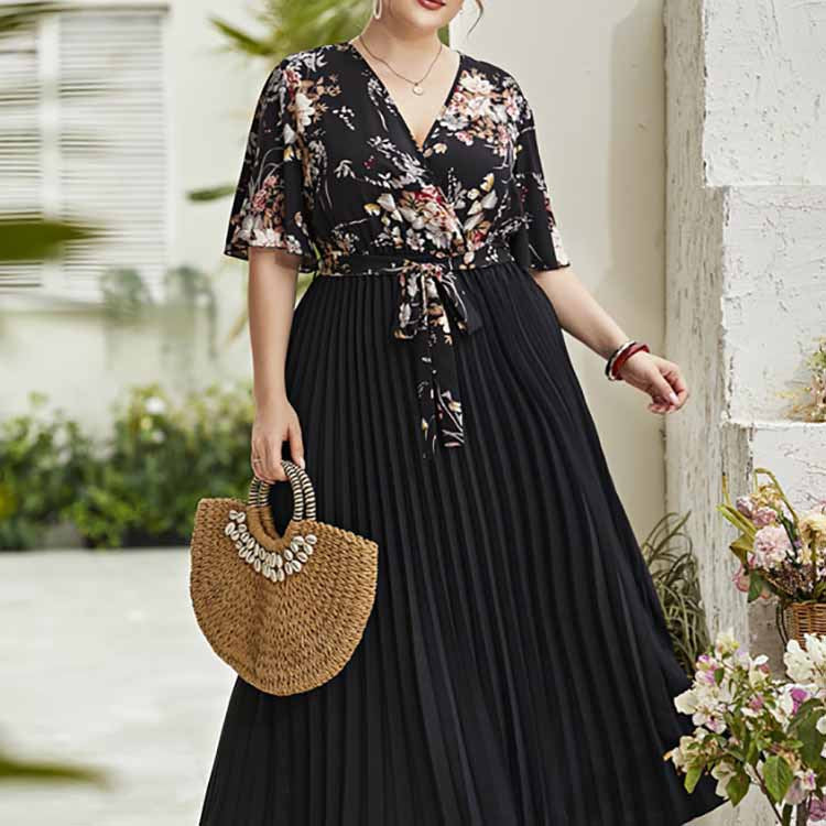 Damen Maxi-Kleid mit floralem Oberteil und plissiertem Rock R&B