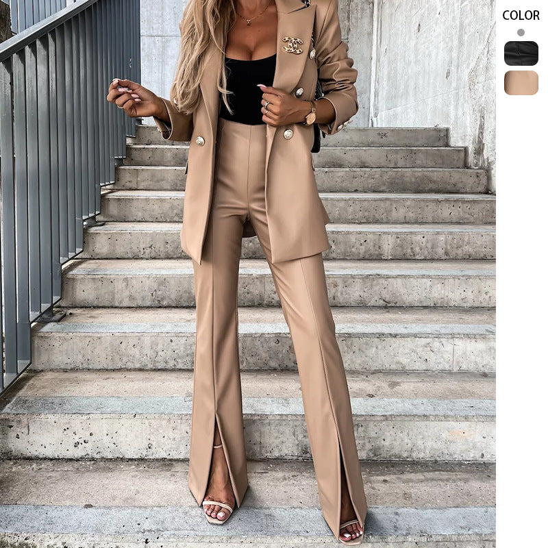 Damen Elegantes Zweiteiliges Blazer- und Hose-Set mit dekorativen Knopfdetails R&B