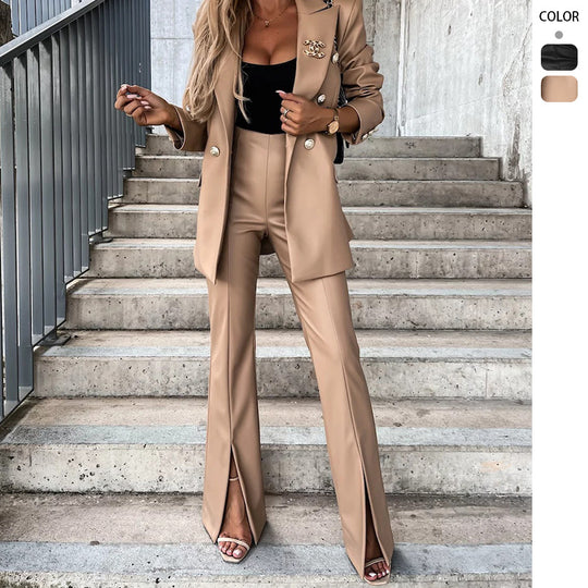 Damen Elegantes Zweiteiliges Blazer- und Hose-Set mit dekorativen Knopfdetails R&B