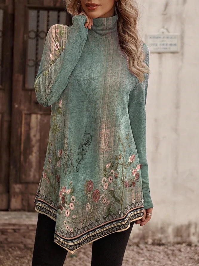 Damen Tunika mit floralem Design und hohem Kragen R&B