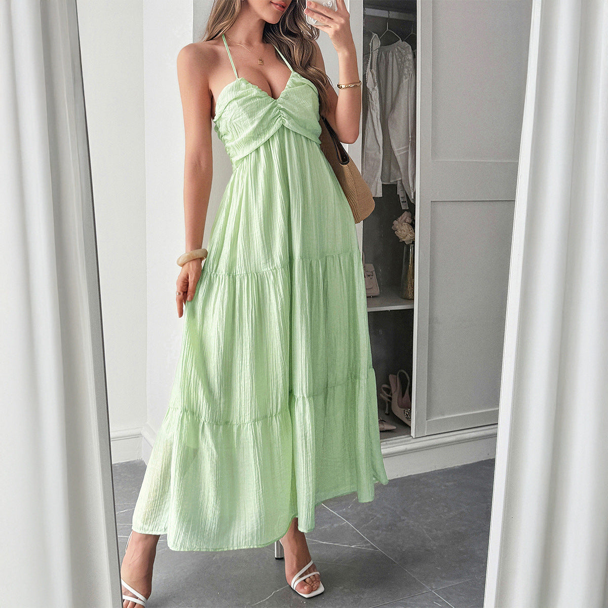 Damen Maxidress mit elegantem Rüschendesign und verstellbaren Spaghettiträgern R&B