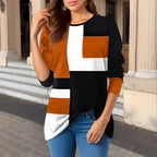 Damen nan geometrisches Colorblock Longsleeve-Tunika-Oberteil mit Rundhalsausschnitt und asymmetrischem Saum R&B