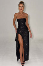 Damen Abendkleid im schulterfreien Stil mit hohem Schlitz und funkelndem Glitzereffekt R&B