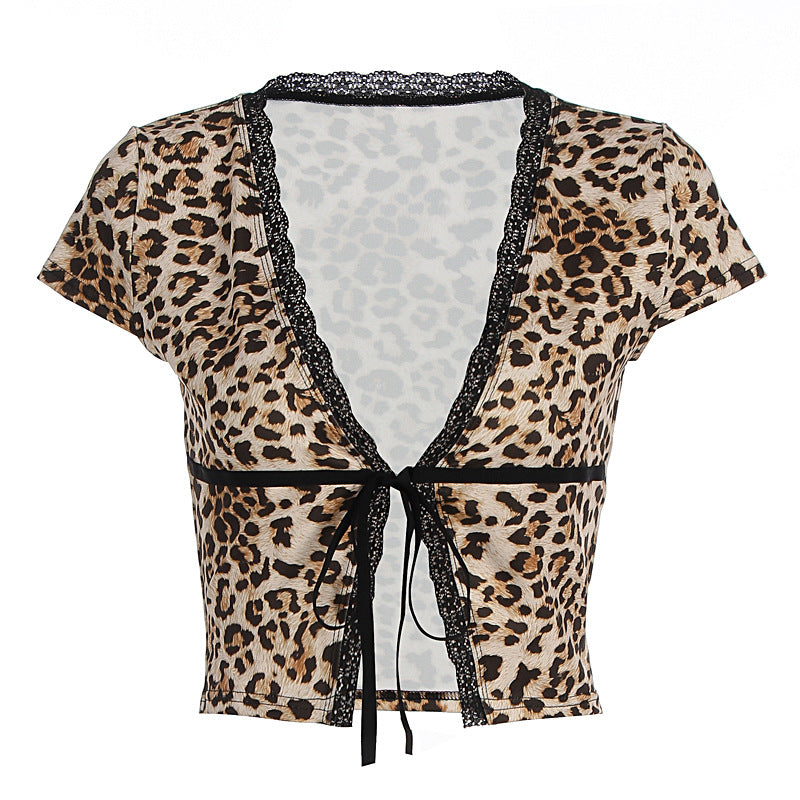 Damen Kurzes Oberteil mit kreativem Animal-Print und edlen Spitzenakzenten R&B