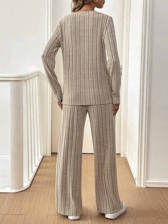 Damen Lässiges Lounge-Set mit strukturiertem Rippenmuster und Knopfdetail R&B