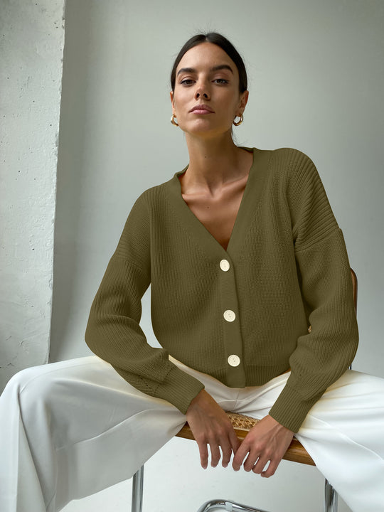 Damen kuschelige Strickjacke mit umschlagbaren Ärmeln und modischen Knopfdetails R&B