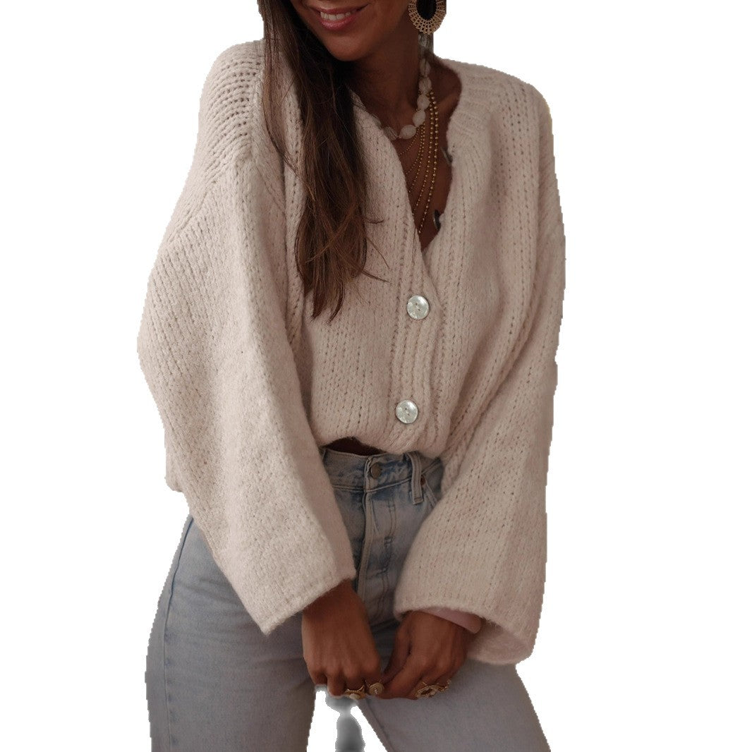 Damen kuschelige Strickjacke mit oversized Ärmeln und eleganten Perlenknöpfen R&B