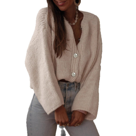 Damen kuschelige Strickjacke mit oversized Ärmeln und eleganten Perlenknöpfen R&B