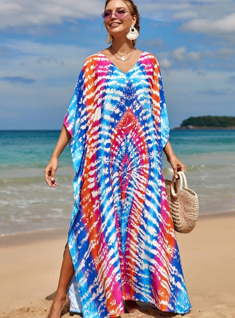 Damen Strandkleid mit buntem Batikdesign und weit geschnittenen Ärmeln R&B