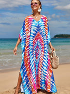 Damen Strandkleid mit buntem Batikdesign und weit geschnittenen Ärmeln R&B