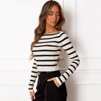 Damen Cropped Langarmshirt mit gestreiftem Muster und weichem Rippdesign R&B