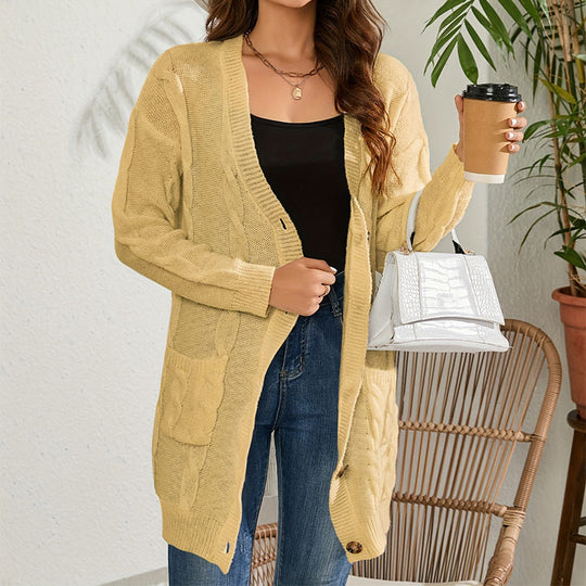 Damen Strickjacke mit großem Zopfmuster und praktischen Taschen R&B