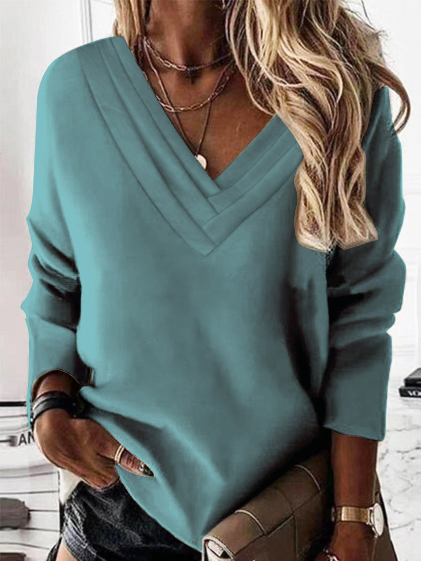 Damen Lässiges V-Ausschnitt Pullover mit eleganten Falten R&B