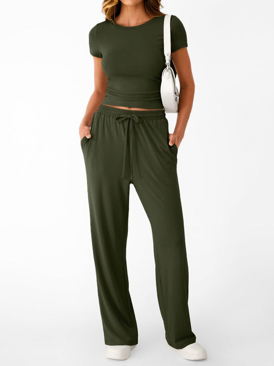Damen lässiger Freizeitanzug mit kurzen Ärmel und weiten Hosen R&B