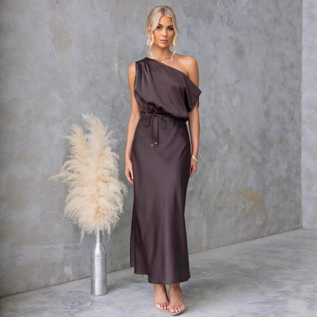 Damen Maxi-Kleid mit schulterfreiem Design und elastischem Taillenbund R&B