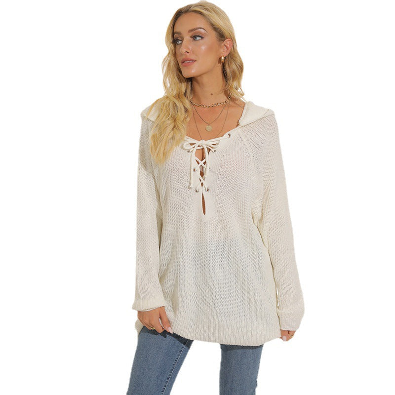 Damen lässiger Strickpullover mit einzigartigem Schnürdesign und lockerer Passform R&B