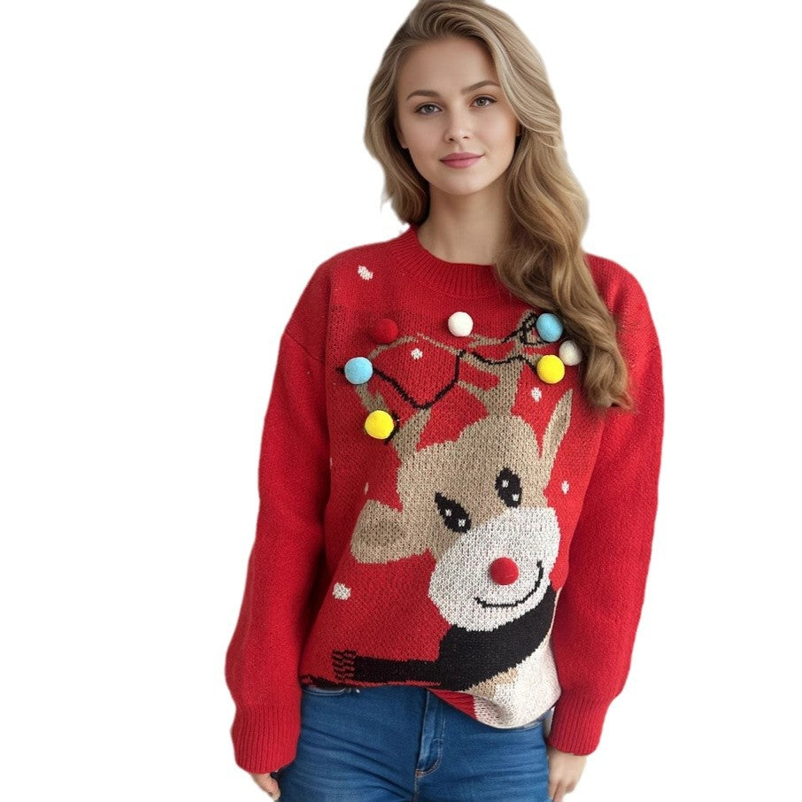 Damen weihnachtlicher Pullover mit einzigartigem Rentiermotiv und bunten Applikationen R&B