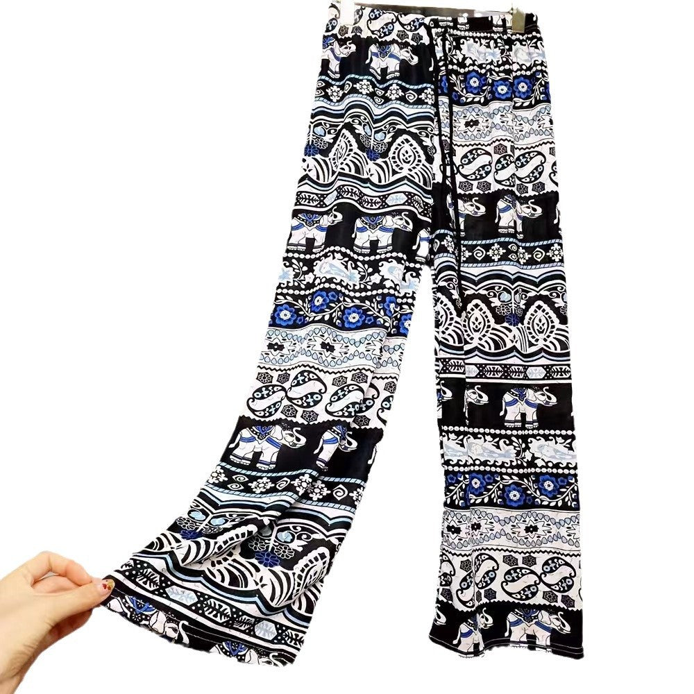 Damen Lässige Palazzo-Hose mit Elefantenmuster und elastischem Bund R&B