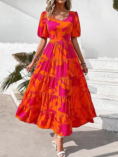 Damen Midi-Kleid mit floralem Druck und voluminösen Ärmeln R&B
