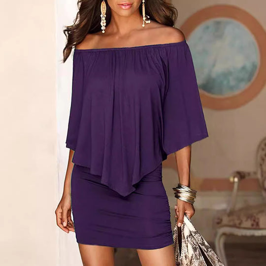 Damen Off-Shoulder Minikleid mit fließendem Oberteil und Taillenbetonung R&B